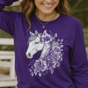 🐎 Purple Horse Floral Long Sleeve Shirt – Western Boho Cowgirl Vibes